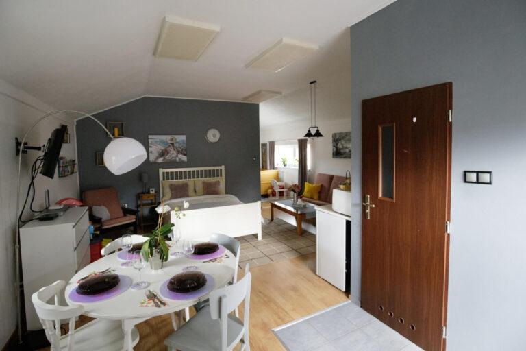 Zdjęcie przedstawia apartament Lastovička z jadalnią połączoną z częścią sypialną oraz strefą wypoczynkową, w której znajduje się sofa, stolik kawowy i telewizor – przestrzeń funkcjonalna, komfortowa i przytulna.