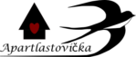 Apartmán Lastovička logo. Czarny domek z czerwonym sercem po środku. Po prawej stronie czarno-biała jaskółka.